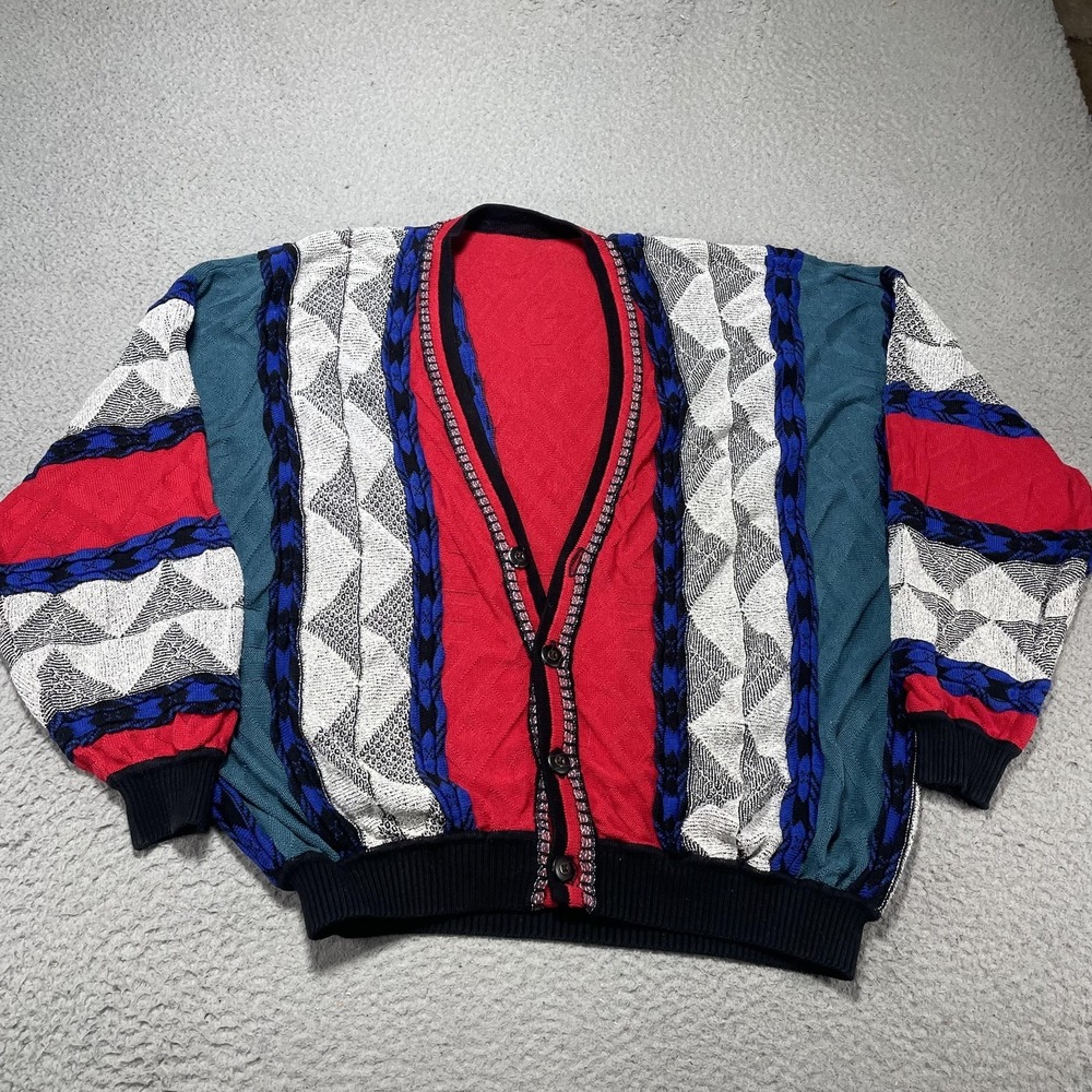 Sweater Mens XL Multicolor Geometric Knit‎ Button Cardigan Textured Colorblock